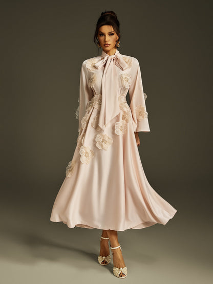 Pussy Bow Bell Sleeve 3D Lace Floral Applique Satin Midi Dress