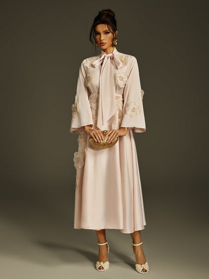 Pussy Bow Bell Sleeve 3D Lace Floral Applique Satin Midi Dress