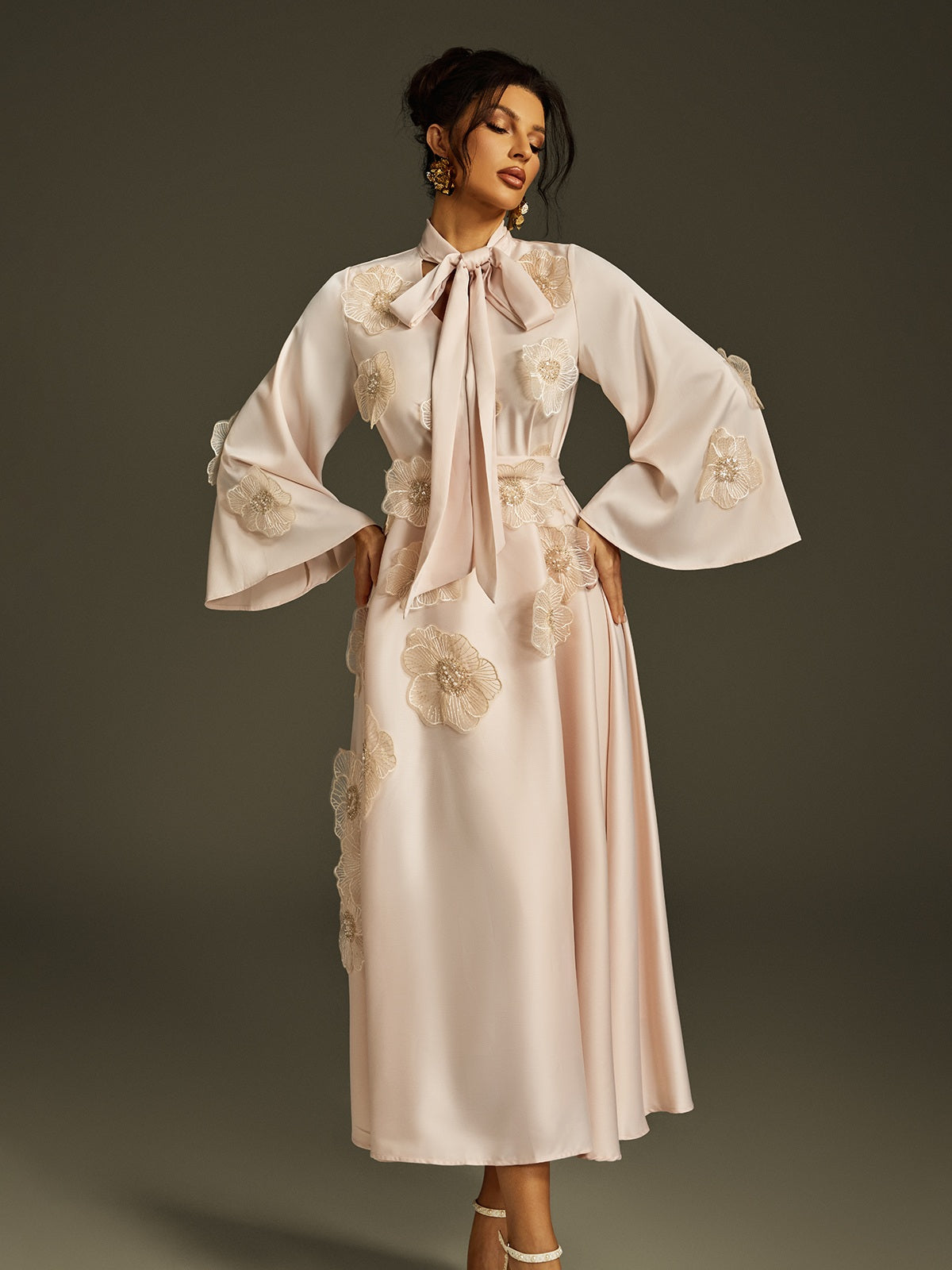 Pussy Bow Bell Sleeve 3D Lace Floral Applique Satin Midi Dress