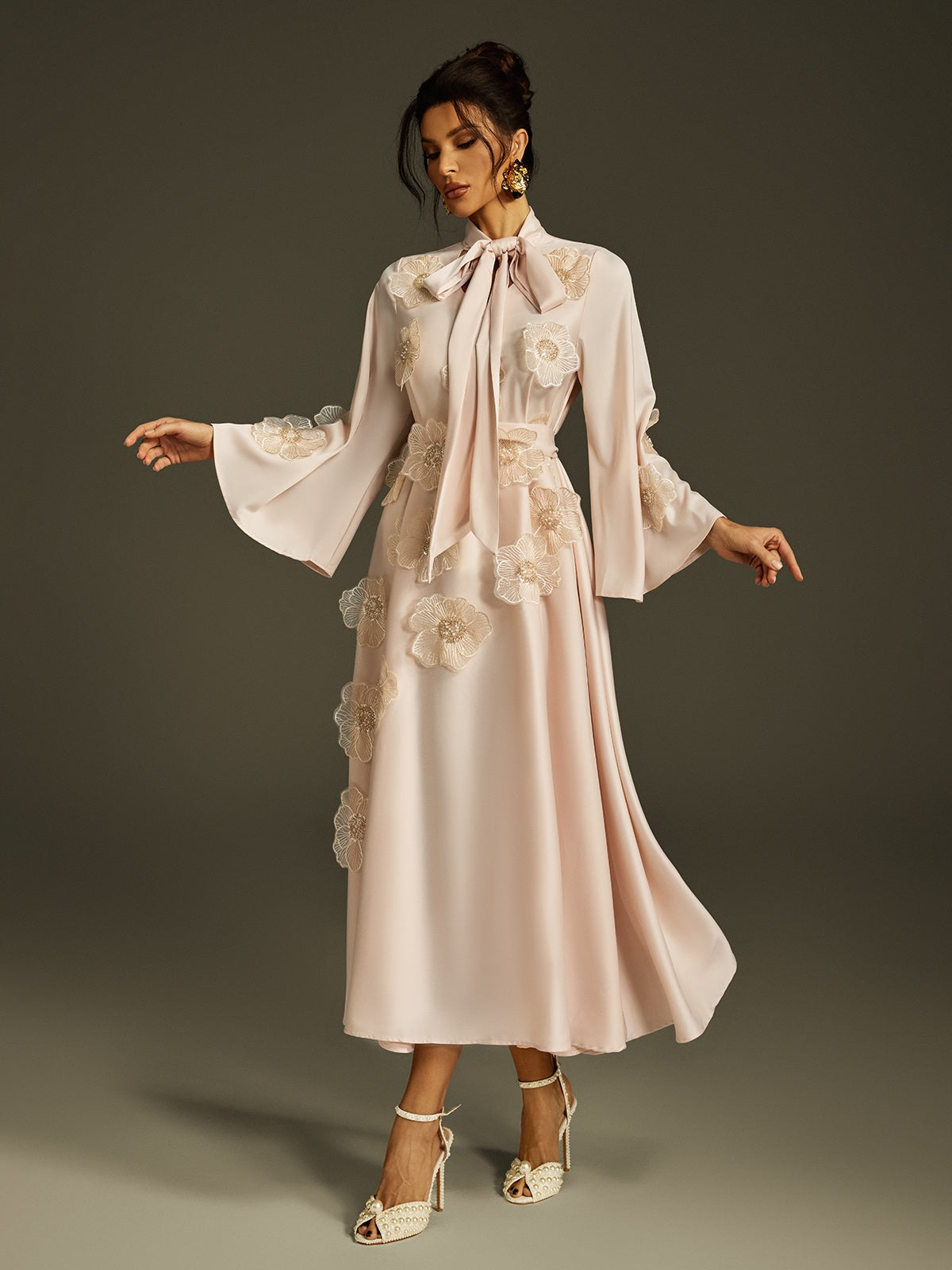 Pussy Bow Bell Sleeve 3D Lace Floral Applique Satin Midi Dress