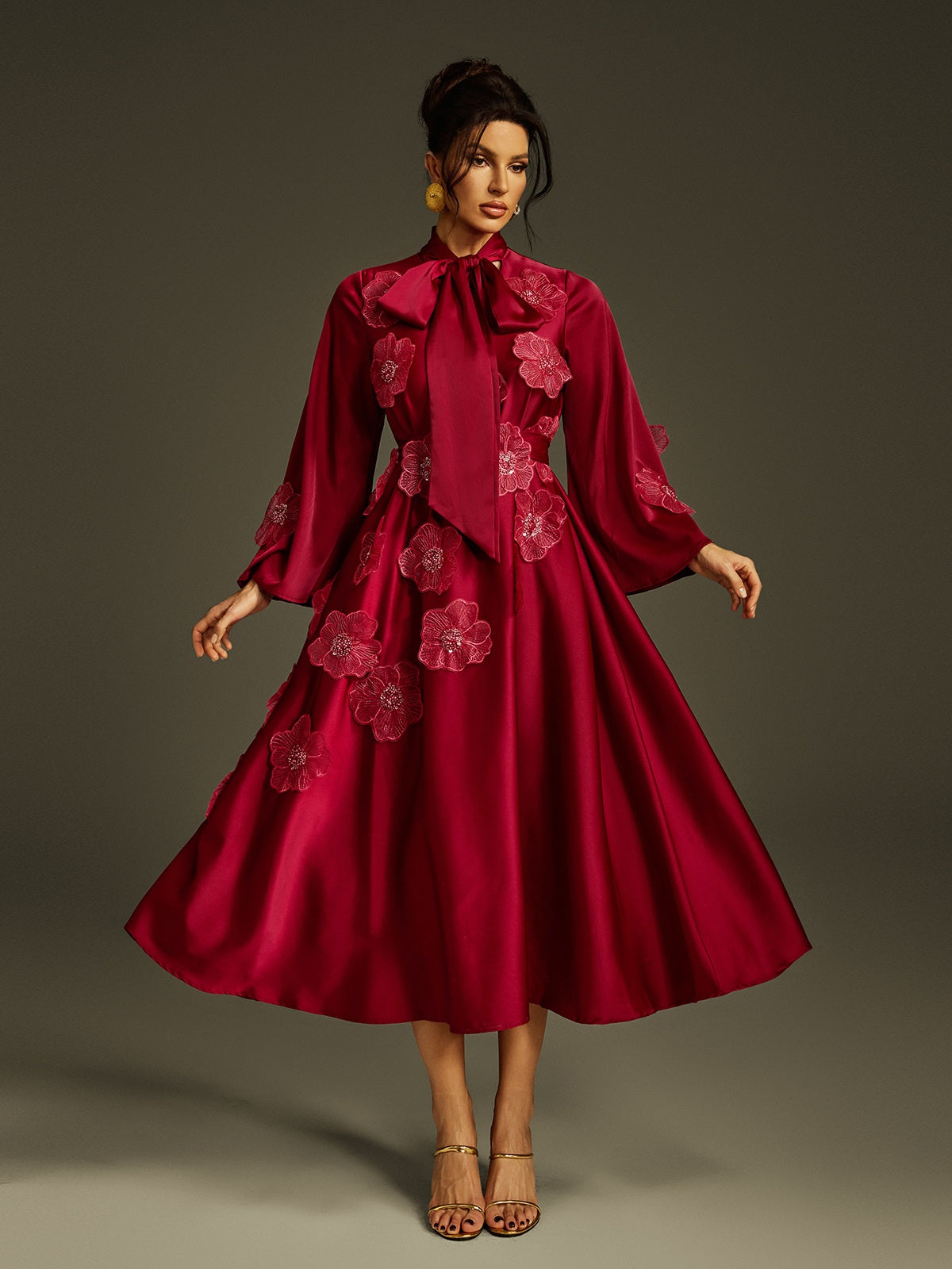 Pussy Bow Long Sleeve 3D Floral Applique Satin Midi Dress