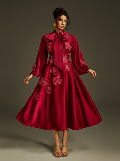 Pussy Bow Long Sleeve 3D Floral Applique Satin Midi Dress