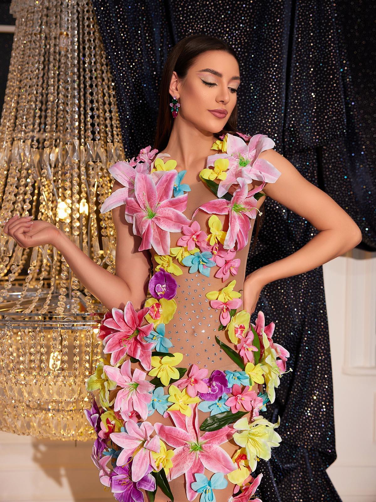 Sleeveless 3D Floral Applique Rhinestone Mesh Bodycon Mini Dress