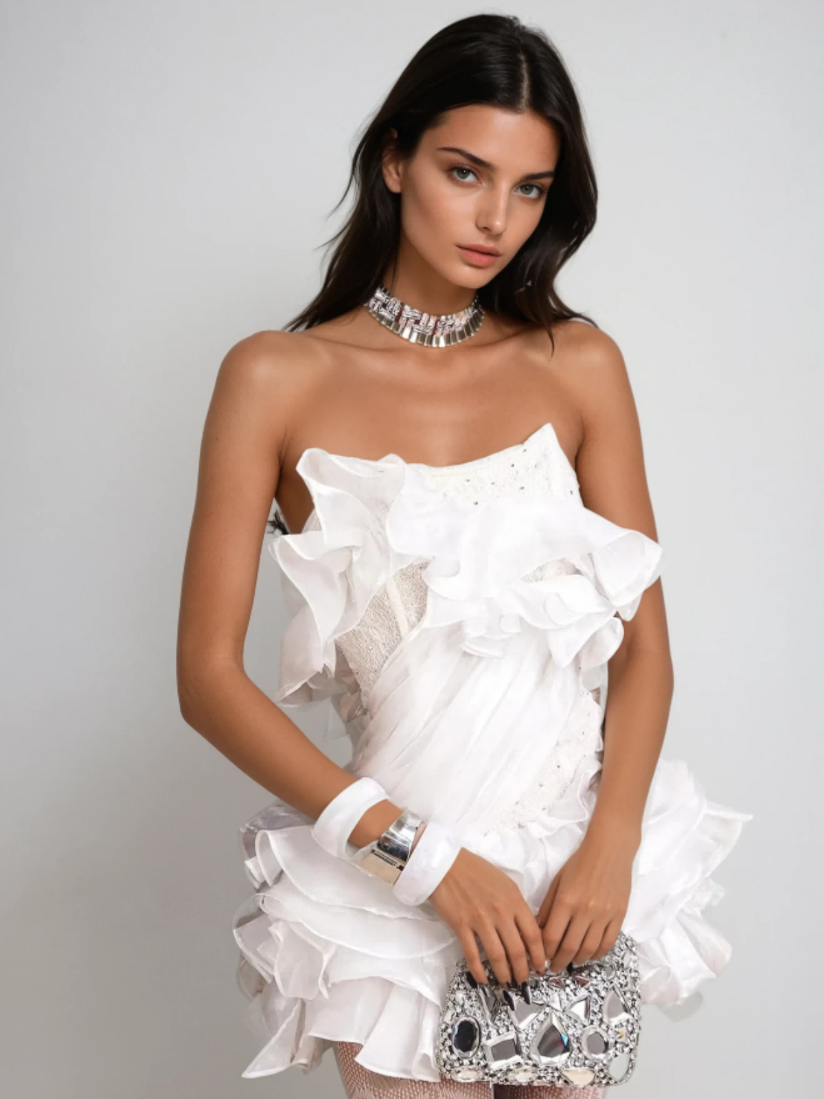 Strapless Tiered Ruffle Petal Mini Dress
