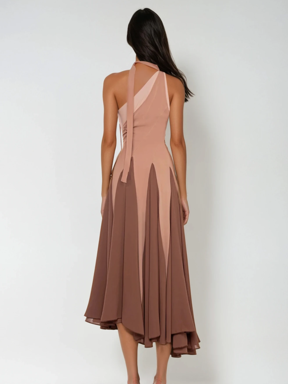 One Shoulder Neck Strap Floral Rosette Pleated Colorblock Midi Dress