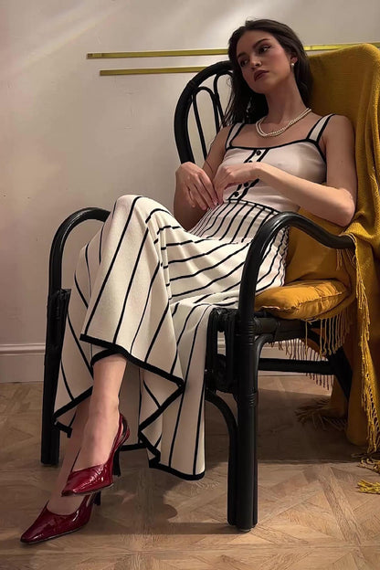 Square Neck Sleeveless Rib Knit Contrast Piping Tiered Midi Dress