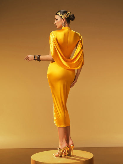V Neck Ruched Drape Wrap Midi Dress