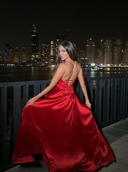 Cross Back Lace Up Corset Back Flared Satin Maxi Gown