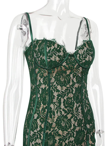 Sweetheart Lace Corset Spaghetti Strap Bodycon Midi Dress