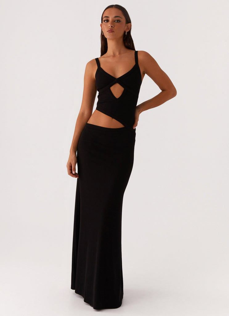 Pointelle Crochet Twist Front Cutout Crop Maxi Skirt Set
