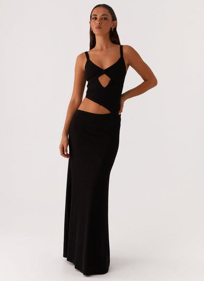 Pointelle Crochet Twist Front Cutout Crop Maxi Skirt Set
