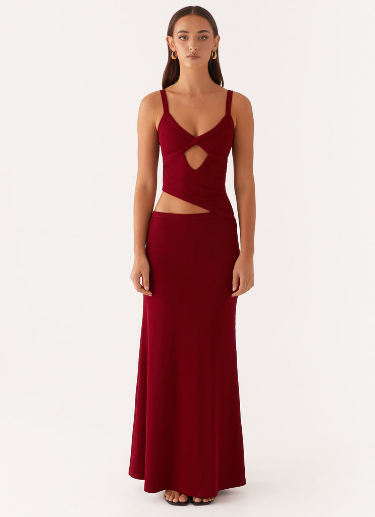 Pointelle Crochet Twist Front Cutout Crop Maxi Skirt Set