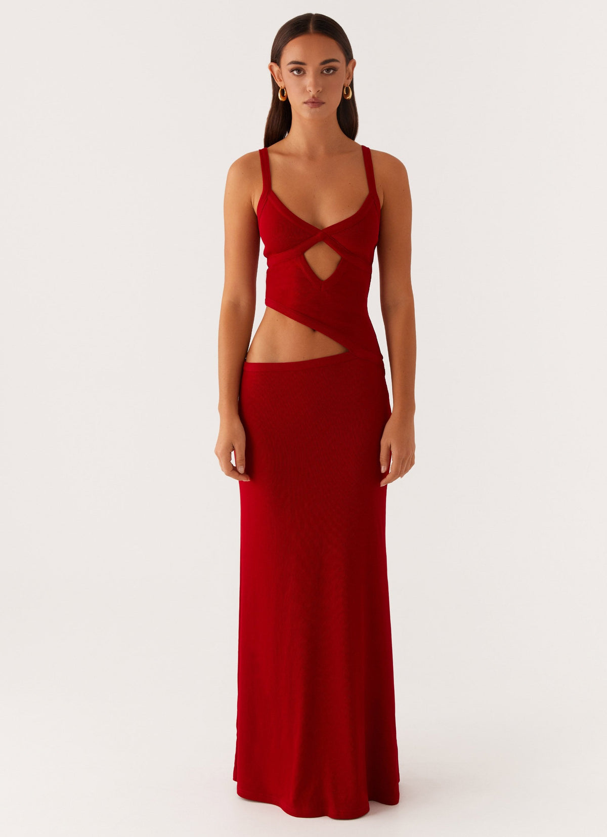 Pointelle Crochet Twist Front Cutout Crop Maxi Skirt Set