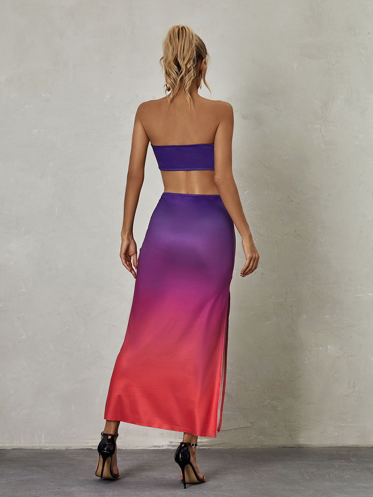Strapless Waist Cutout Ombre Bodycon Maxi Dress