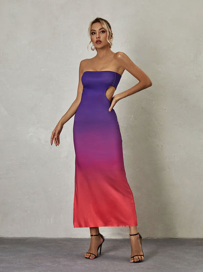 Strapless Waist Cutout Ombre Bodycon Maxi Dress