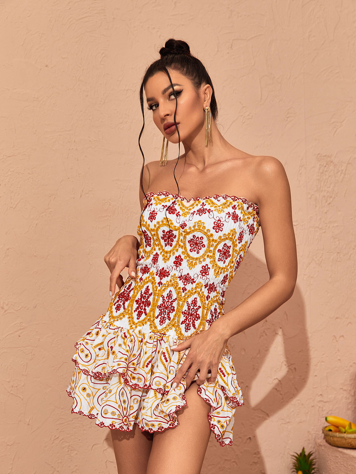 Strapless Shirred Embroidered Medallion Tiered Bubble Ruffle Mini Dress