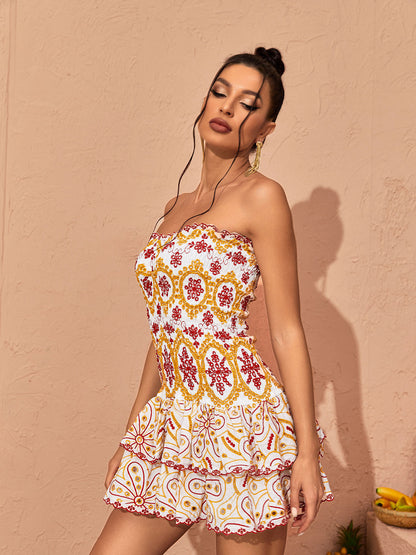 Strapless Shirred Embroidered Medallion Tiered Bubble Ruffle Mini Dress