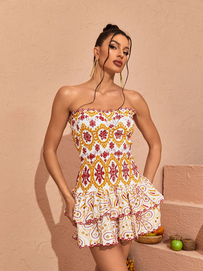 Strapless Shirred Embroidered Medallion Tiered Bubble Ruffle Mini Dress