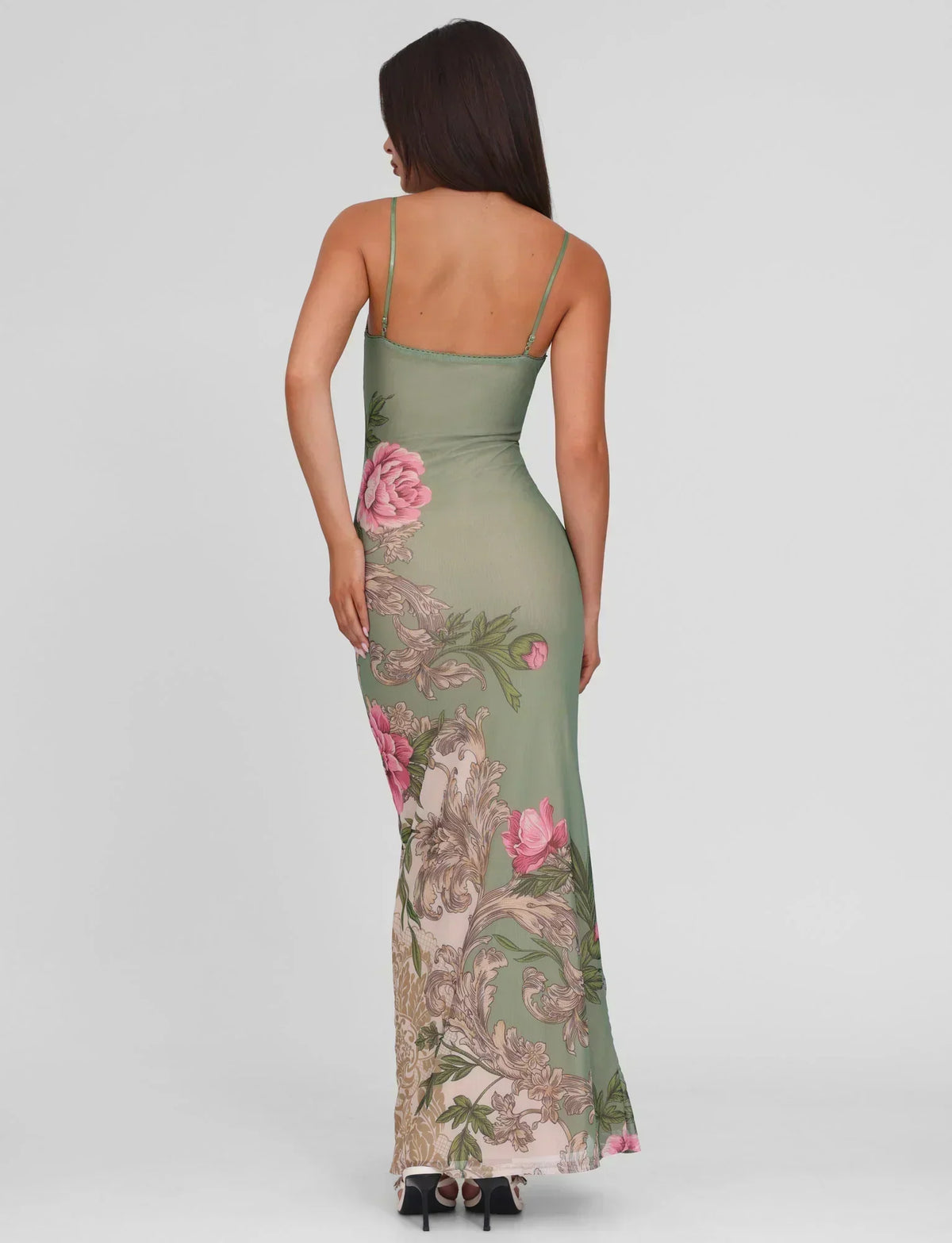 Baroque Floral Print Deep V-Neck Spaghetti Strap Bodycon Maxi Dress