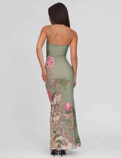 Baroque Floral Print Deep V-Neck Spaghetti Strap Bodycon Maxi Dress