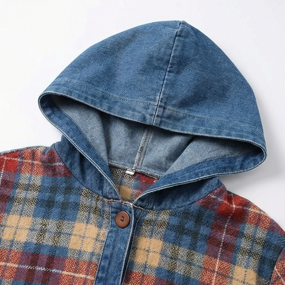 Women’s Contrast Denim Plaid Hooded Jacket
