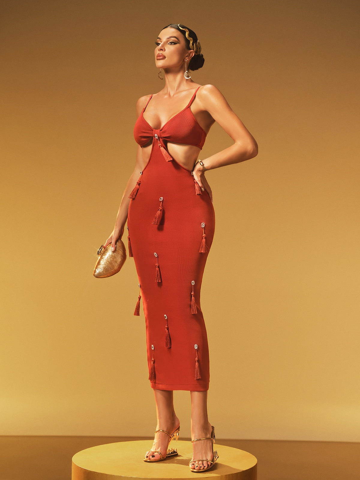 Spaghetti Strap V Neck Waist Cutout Tassel Stud Fringe Bandage Midi Dress
