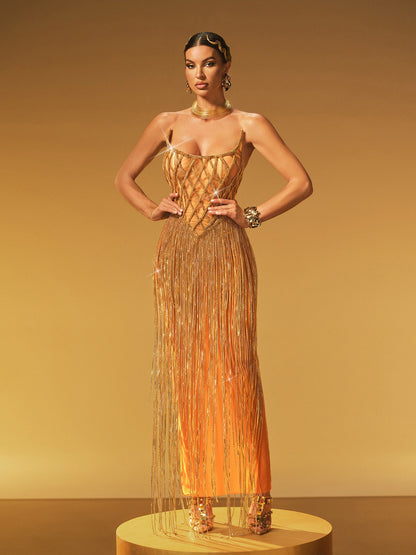 Spaghetti Strap Lattice Corset Crystal Chain Fringe Maxi Gown