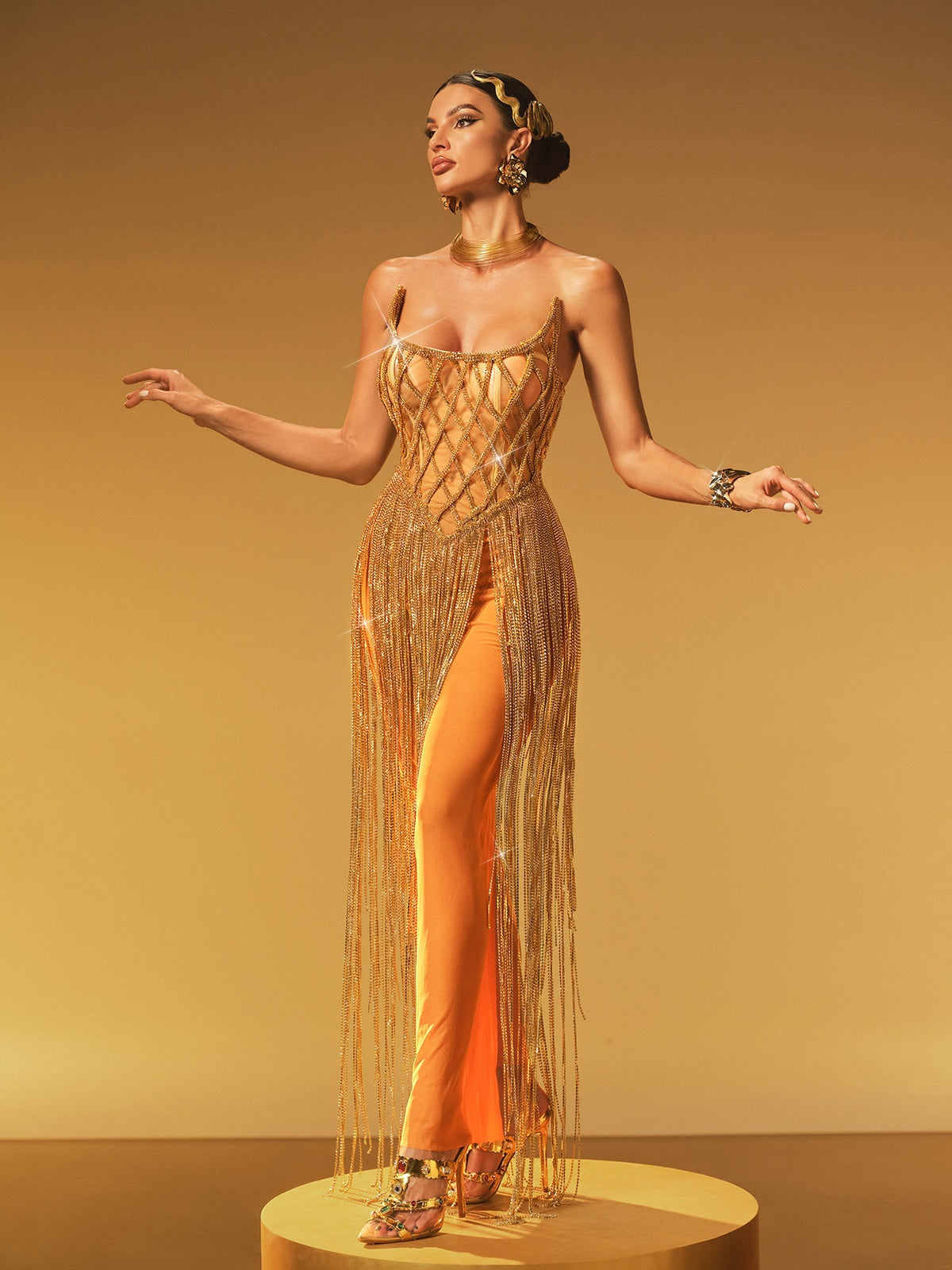 Spaghetti Strap Lattice Corset Crystal Chain Fringe Maxi Gown