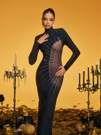 Mock Neck Rhinestone Web Mesh Cutout Maxi Gown