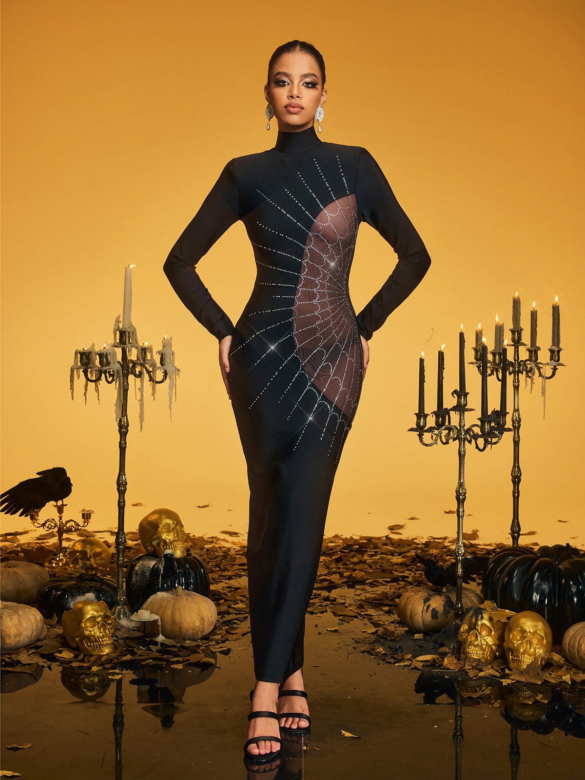 Mock Neck Rhinestone Web Mesh Cutout Maxi Gown