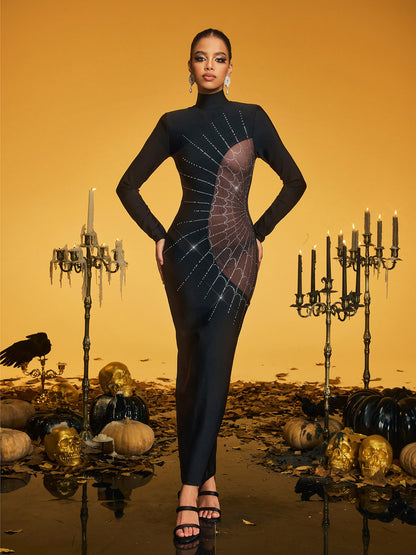 Mock Neck Rhinestone Web Mesh Cutout Maxi Gown