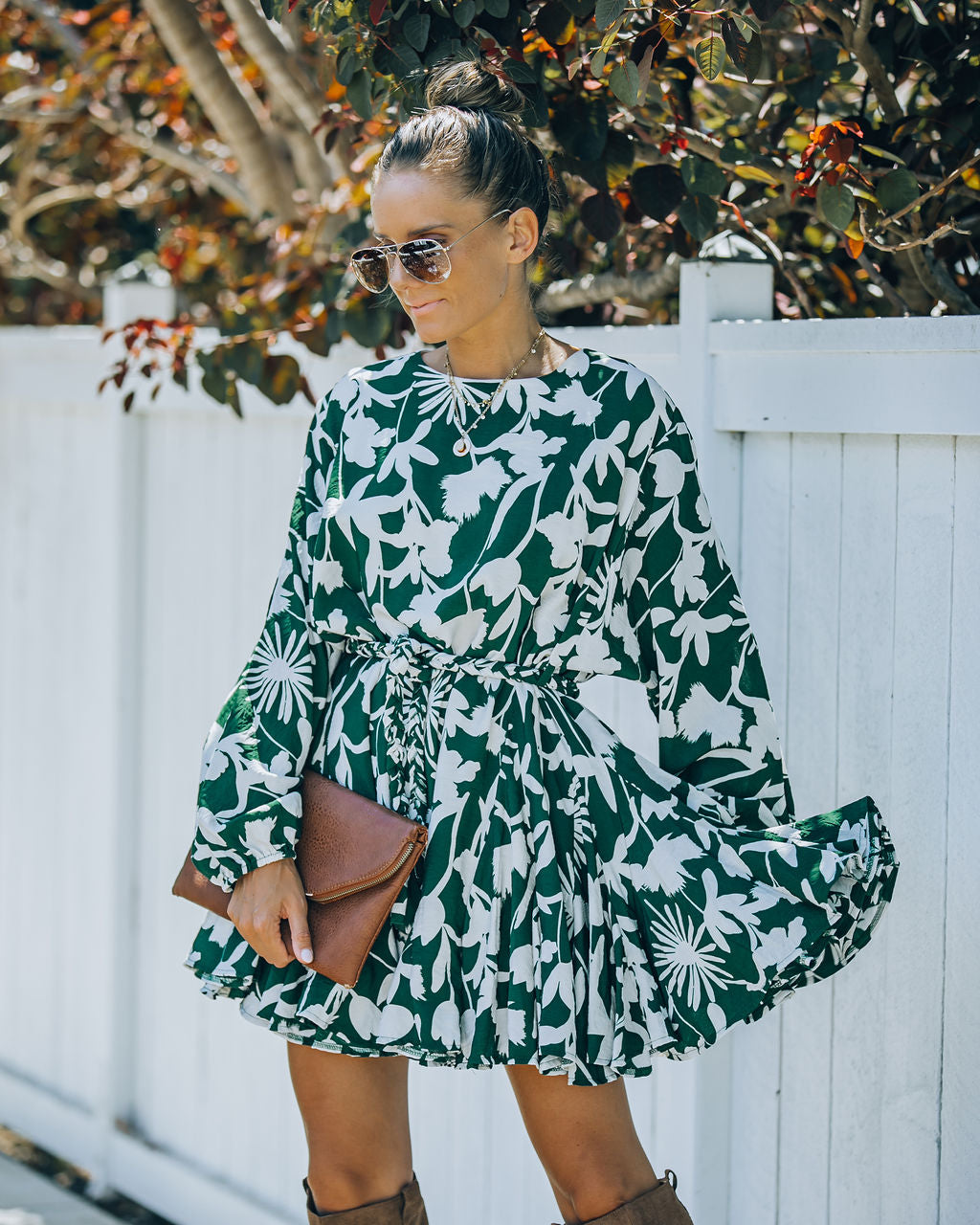 Round Neck Balloon Sleeve Botanical Print Tie Belt Mini Dress