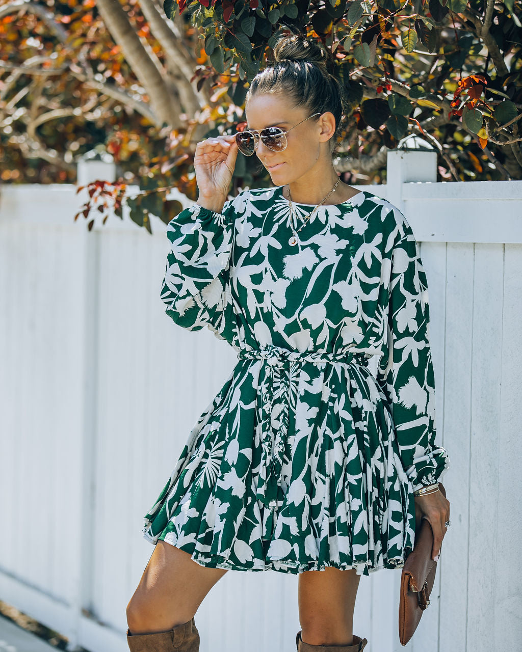Round Neck Balloon Sleeve Botanical Print Tie Belt Mini Dress