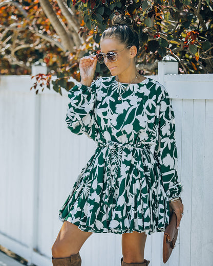 Round Neck Balloon Sleeve Botanical Print Tie Belt Mini Dress