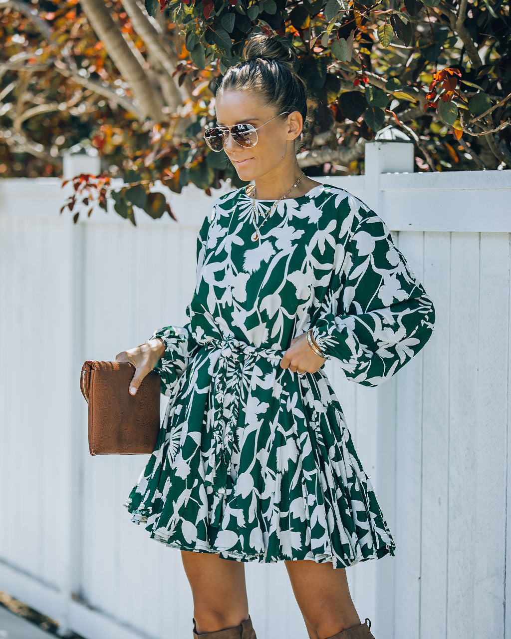 Round Neck Balloon Sleeve Botanical Print Tie Belt Mini Dress