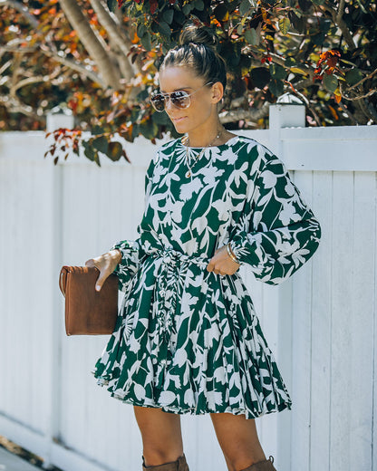 Round Neck Balloon Sleeve Botanical Print Tie Belt Mini Dress