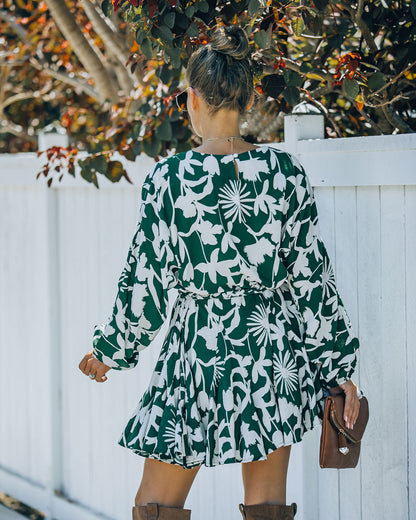 Round Neck Balloon Sleeve Botanical Print Tie Belt Mini Dress