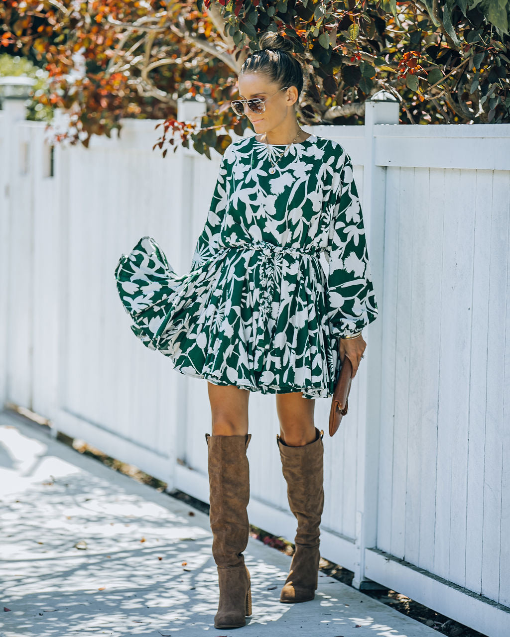 Round Neck Balloon Sleeve Botanical Print Tie Belt Mini Dress