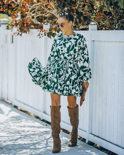 Round Neck Balloon Sleeve Botanical Print Tie Belt Mini Dress