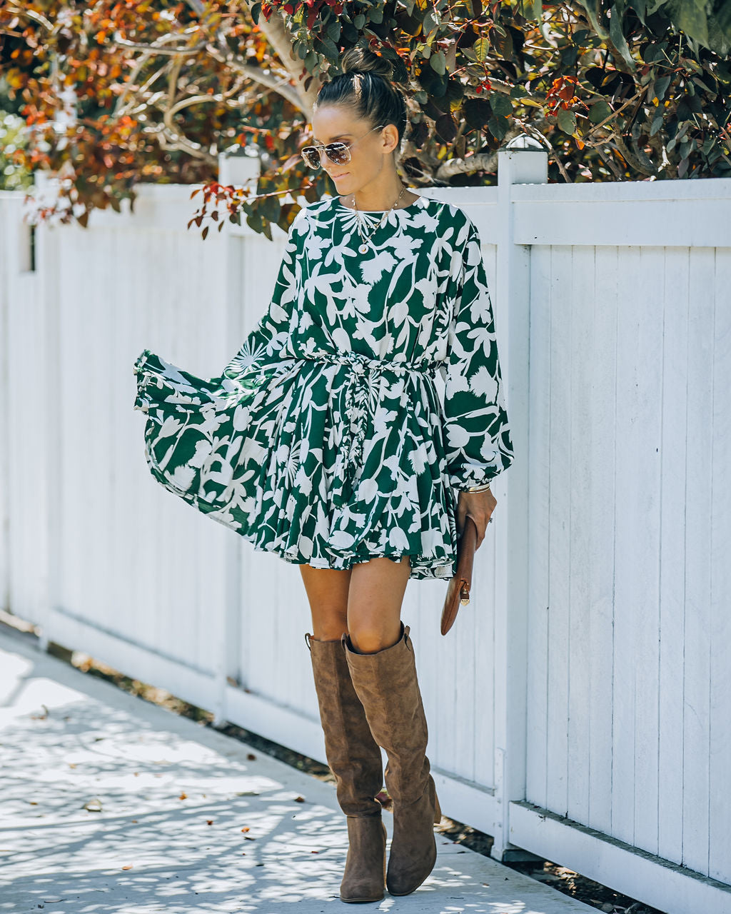 Round Neck Balloon Sleeve Botanical Print Tie Belt Mini Dress