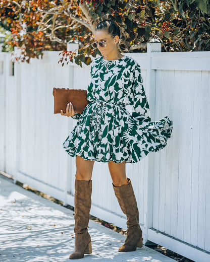 Round Neck Balloon Sleeve Botanical Print Tie Belt Mini Dress