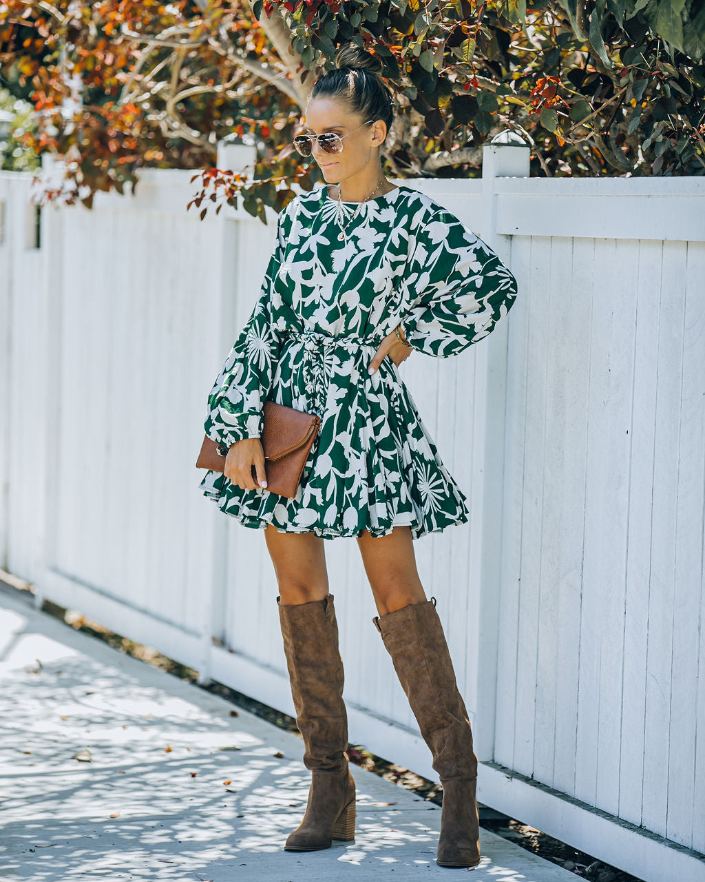 Round Neck Balloon Sleeve Botanical Print Tie Belt Mini Dress