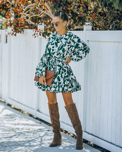 Round Neck Balloon Sleeve Botanical Print Tie Belt Mini Dress