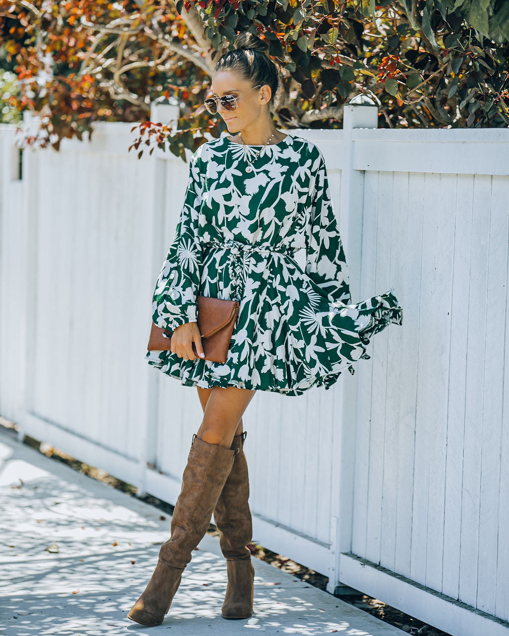 Round Neck Balloon Sleeve Botanical Print Tie Belt Mini Dress