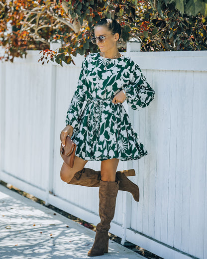 Round Neck Balloon Sleeve Botanical Print Tie Belt Mini Dress