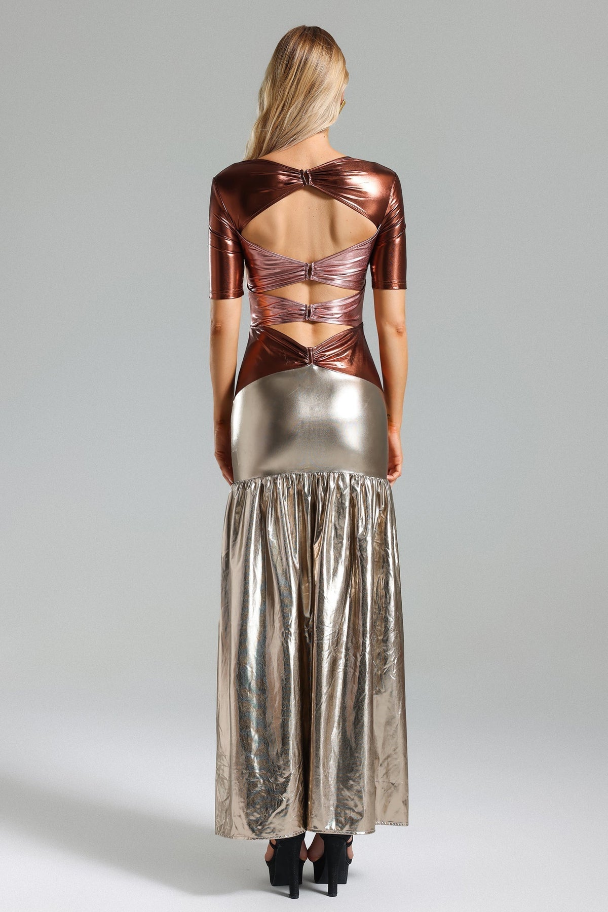 Short Sleeve Ruched Buckle Cutout Metallic Mermaid Maxi Dress