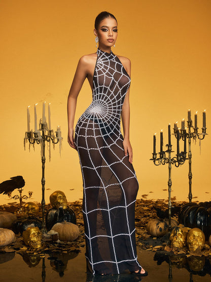 Mock Neck Halter Pearl Beaded Spiderweb Sheer Mesh Bodycon Maxi Dress