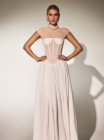 Mock Neck Mesh Corset Basque Waist Pleated Maxi Dress