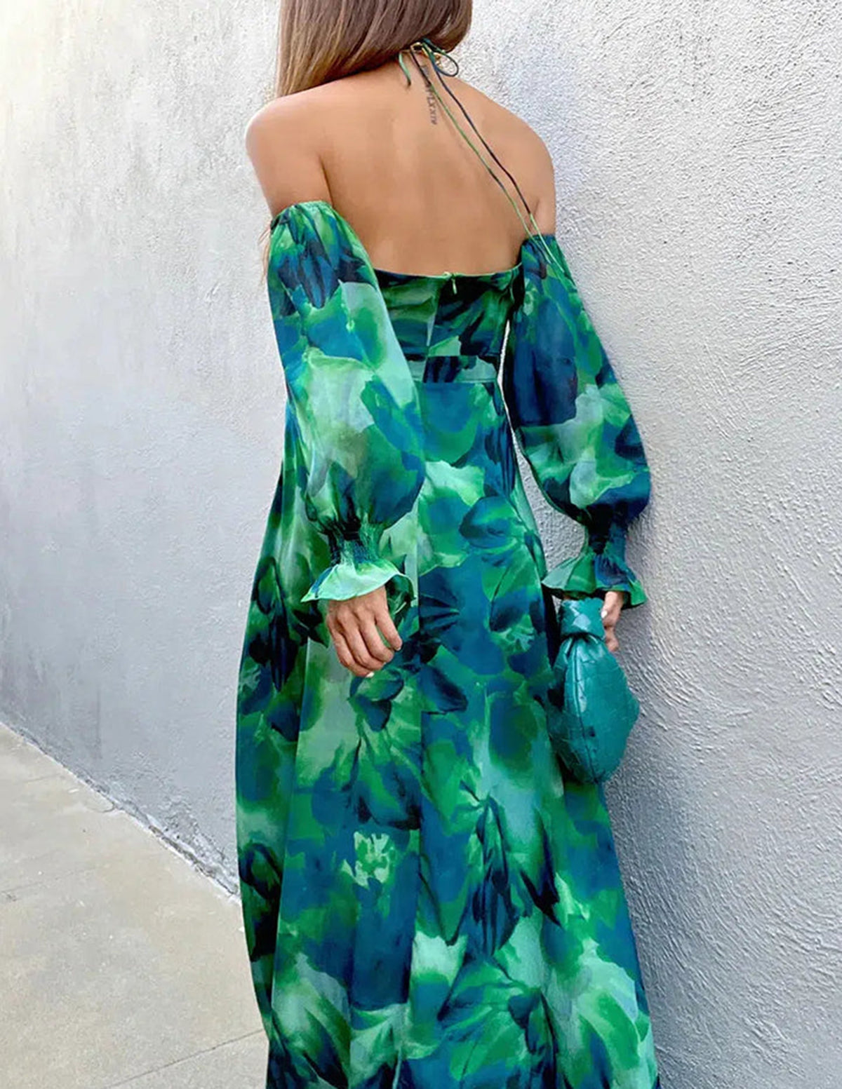 Floral Cutout Off Shoulder Puff Sleeve Maxi Dress