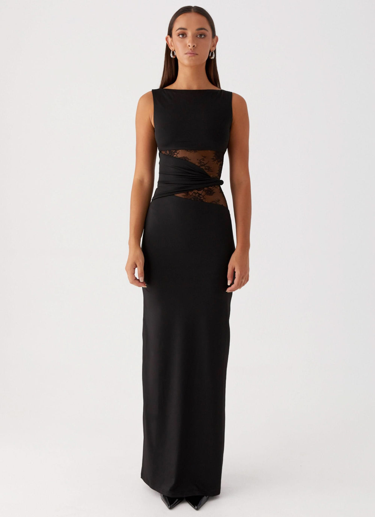 Boat Neck Lace Insert Waist Cutout Draped Twist Maxi Gown